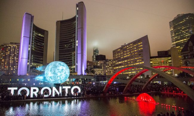 Photo of Nuit Blanche project Death of the Sun at City Hall in Toronto.