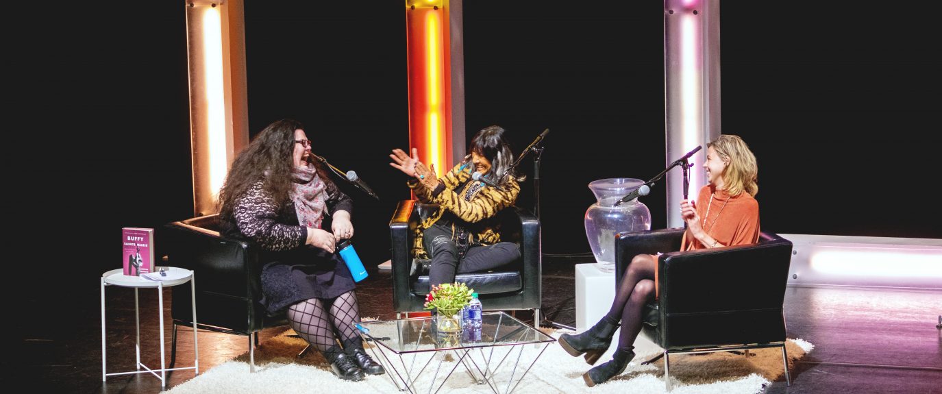 Author Andrea Warner with Buffy Sainte-Marie interviewed by Raina Douris at TIFA in 2019