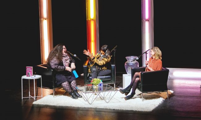 Author Andrea Warner with Buffy Sainte-Marie interviewed by Raina Douris at TIFA in 2019