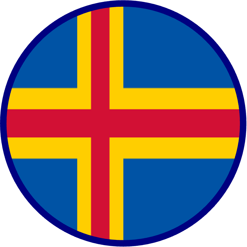 Circular icon of the flag of the Åland Islands which consists of a red Scandinavian cross bordered in yellow on a blue background. 