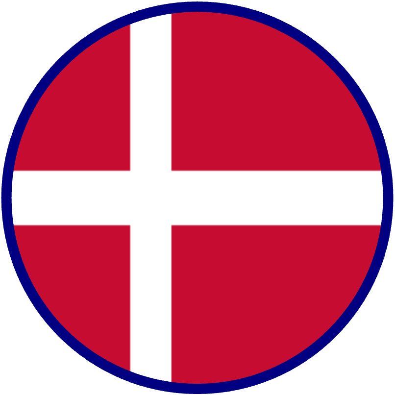 Circular icon of the flag of Denmark which consists of a white Scandinavian cross on a red background.