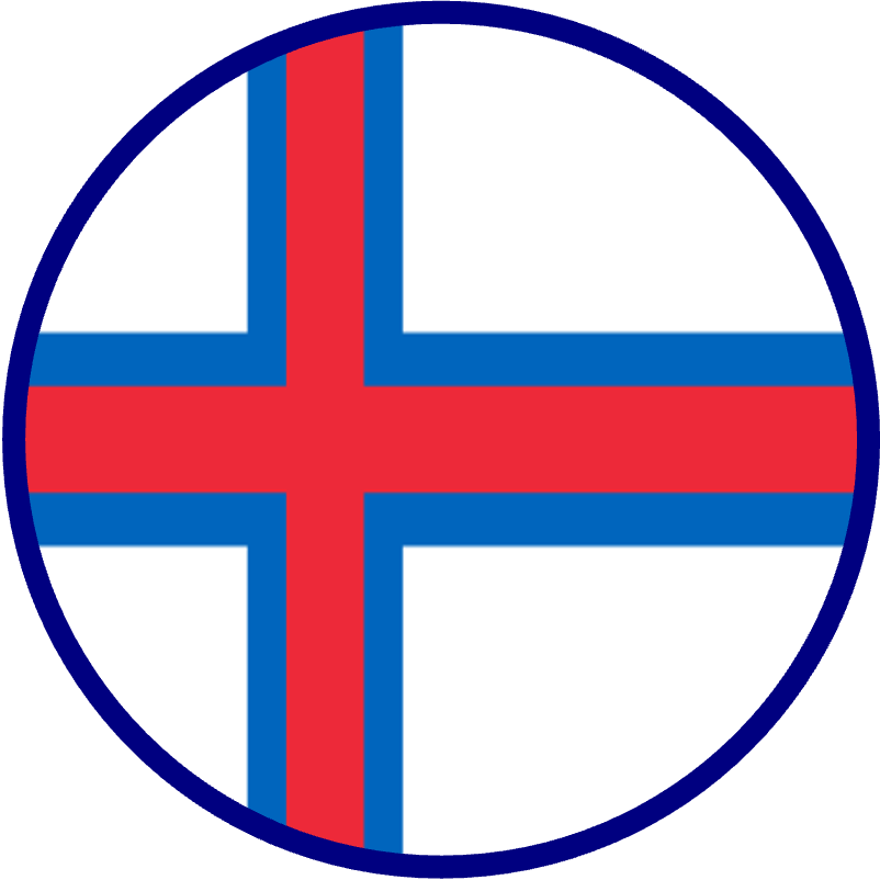 Circular icon of the flag of the Faroe Islands which consists of a red Scandinavian cross bordered in blue on a white background. 