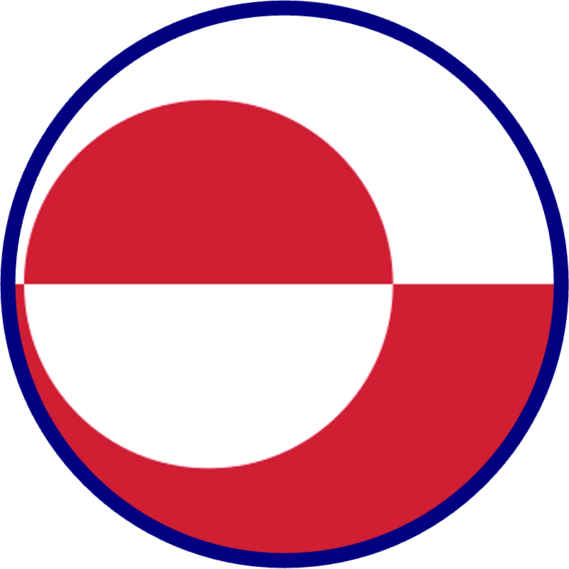 Circular icon of the flag of Greenland which consists of a circle that is half red on top and half white on the bottom, on a background that half white on top and half red on the bottom. 