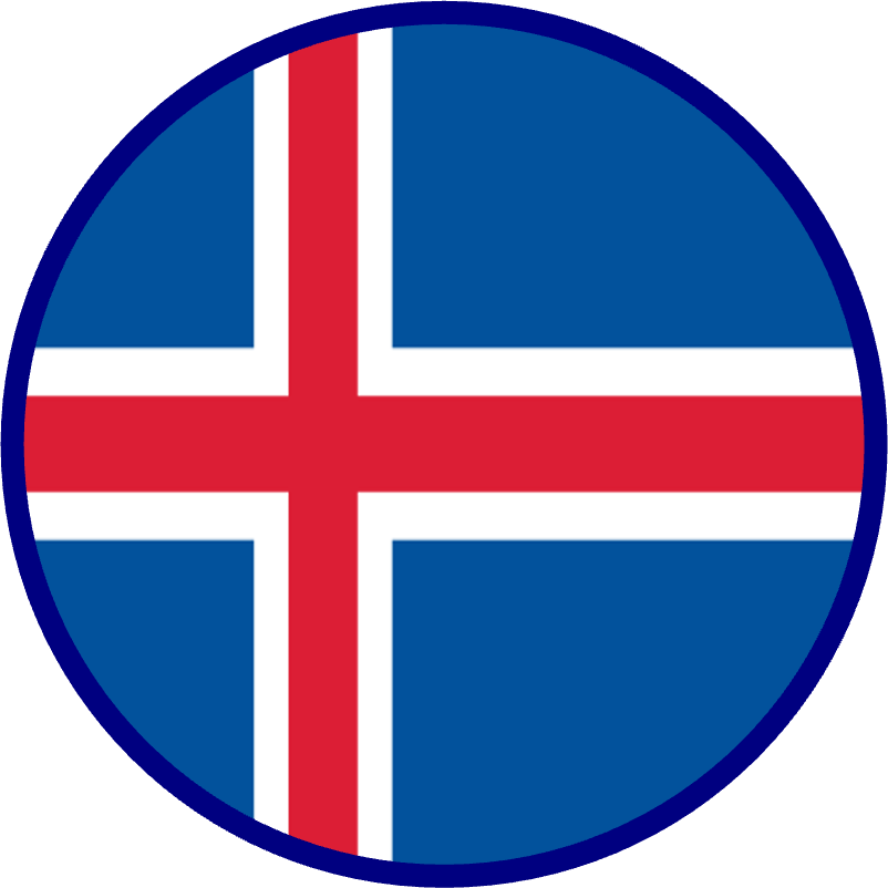 Circular icon of the flag of Iceland which consists of a red Scandinavian cross bordered in white on a blue background. 