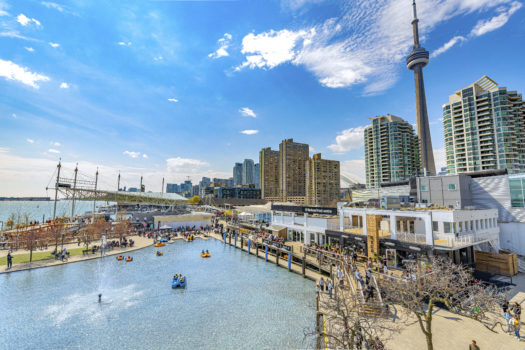 Large man-made pond with people in pedal boats on the water and pedestrians around the perimeter. A sunny, blue sky with Harbourfront Centre’s main building and Toronto’s waterfront skyline is in the background.
