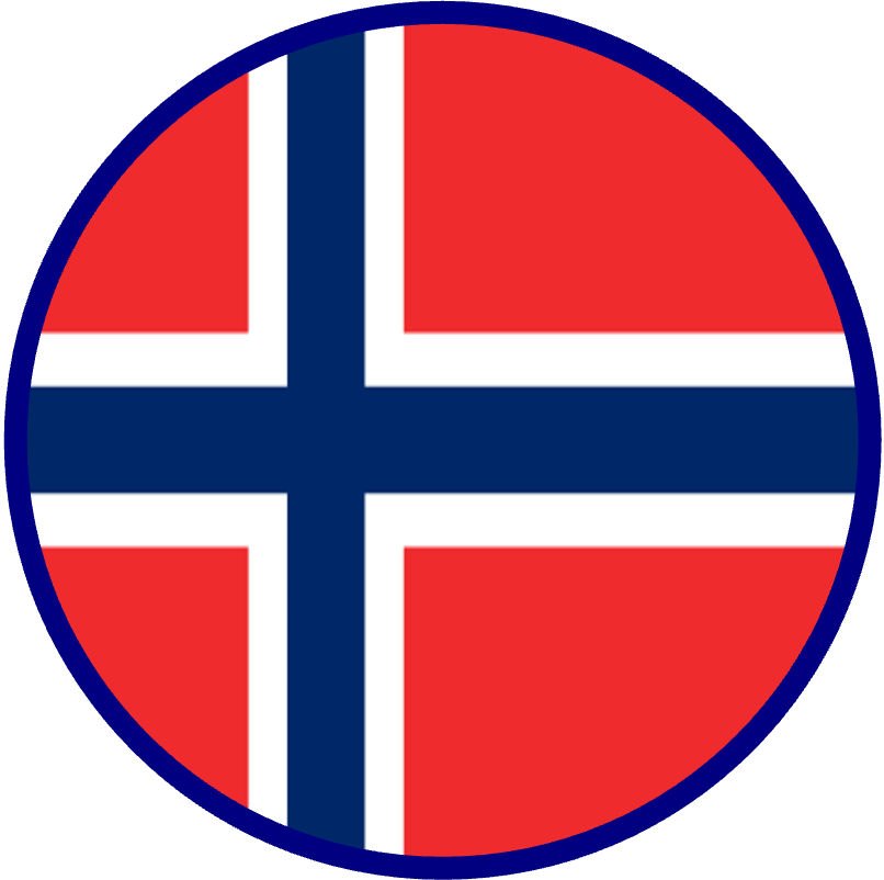Circular icon of the flag of Norway which consists of a dark blue Scandinavian cross bordered in white on a red background. 