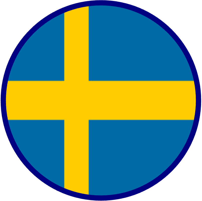 Circular icon of the flag of Sweden which consists of a yellow Scandinavian cross on a blue background. 