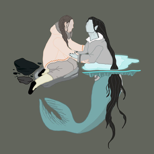 Graphic illustration of Inuit goddess Sedna with her tail submerged in water as she embraces a person sitting above the water's surface in neutral grey, beige, black and blue tones against a dark grey background.