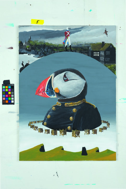 A graphic illustration of a puffin bird dressed in a royal uniform as if posing for a portrait with various graphic illustrations surrounding the image.