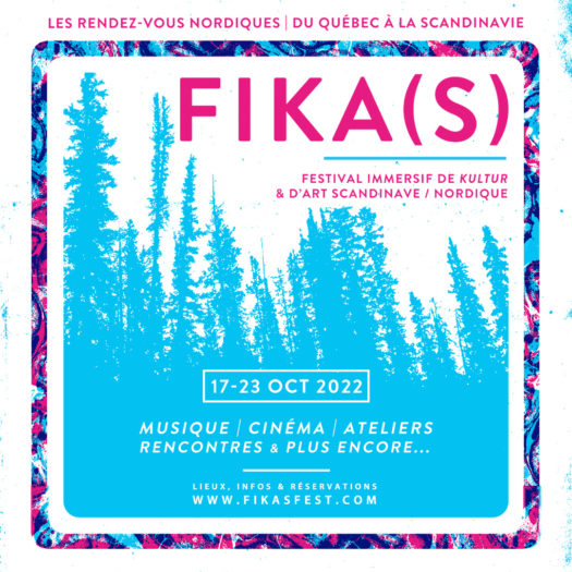Graphic for FIKA(S) Festival with pink and white text listing event information overtop illustrated blue evergreen trees with a colourful round-edge frame outlining the image.